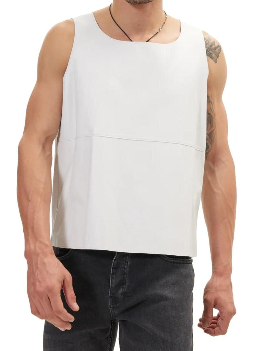 Picture of a model wearing our Mens White Leather tank top, front view.