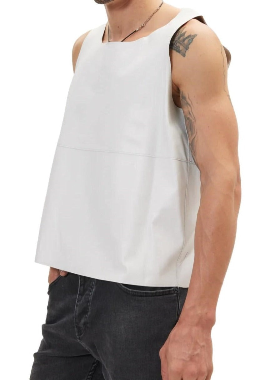 Picture of a model wearing our Mens White Leather tank top, sidet view.