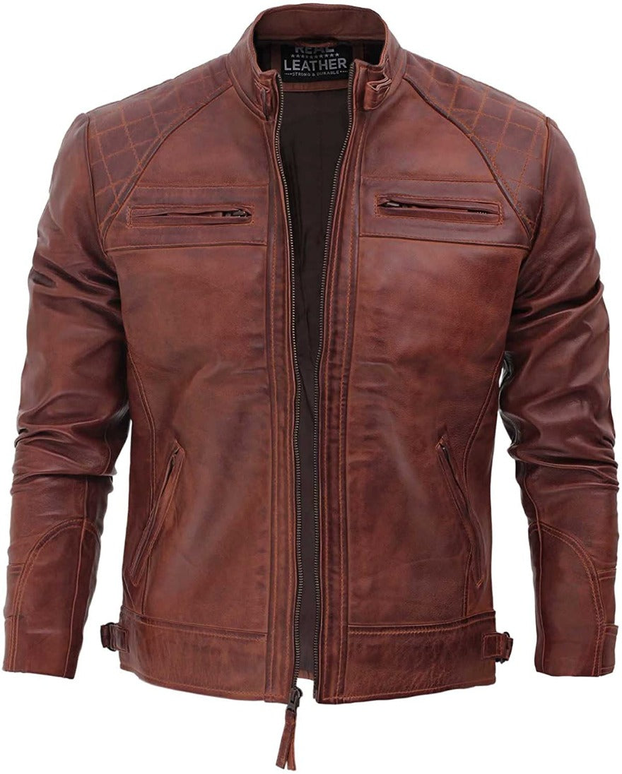 Picture of our Brown cafe racer Jacket with diamond quilted shoulders, front view with zipper open.