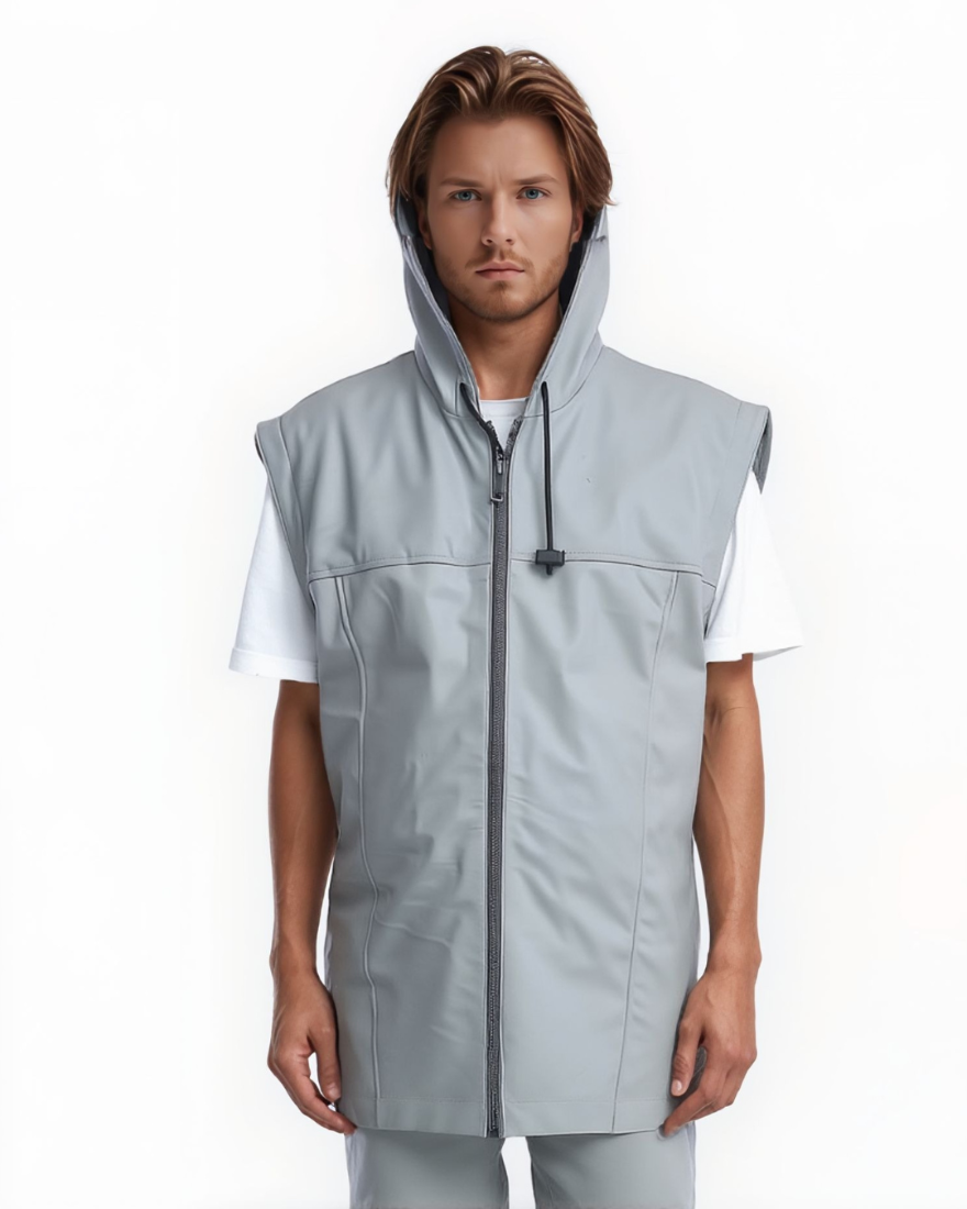 Picture of a model wearing our leather streetwear vest with hood, Gray color, front view-1