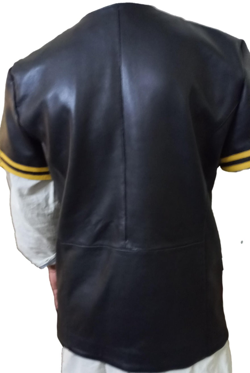Picture of our Black Leather Baseball Jersey with 2 gold stripes on the each sleeve back  view.
