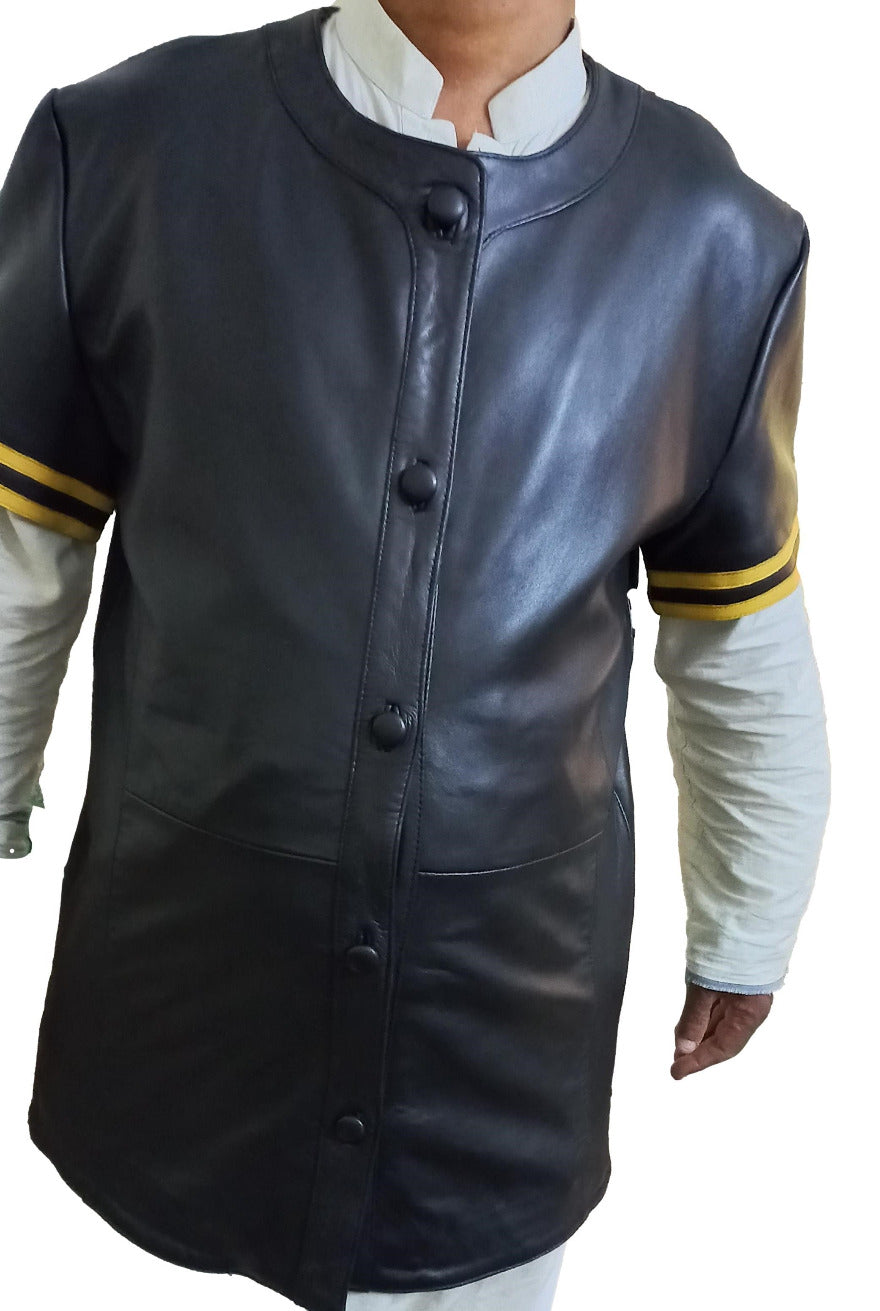Premium Black Leather Shirt  Snap-Up Design, Sporty Accents- ChersDelights  Leather Apparel