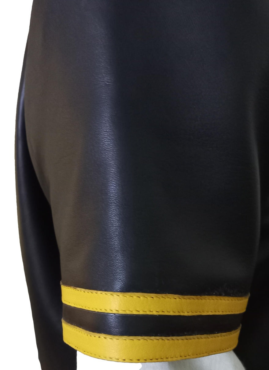 Picture of our Black Leather Baseball Jersey with 2 gold stripes on the each sleeve close up  view of stripes on sleeve end.