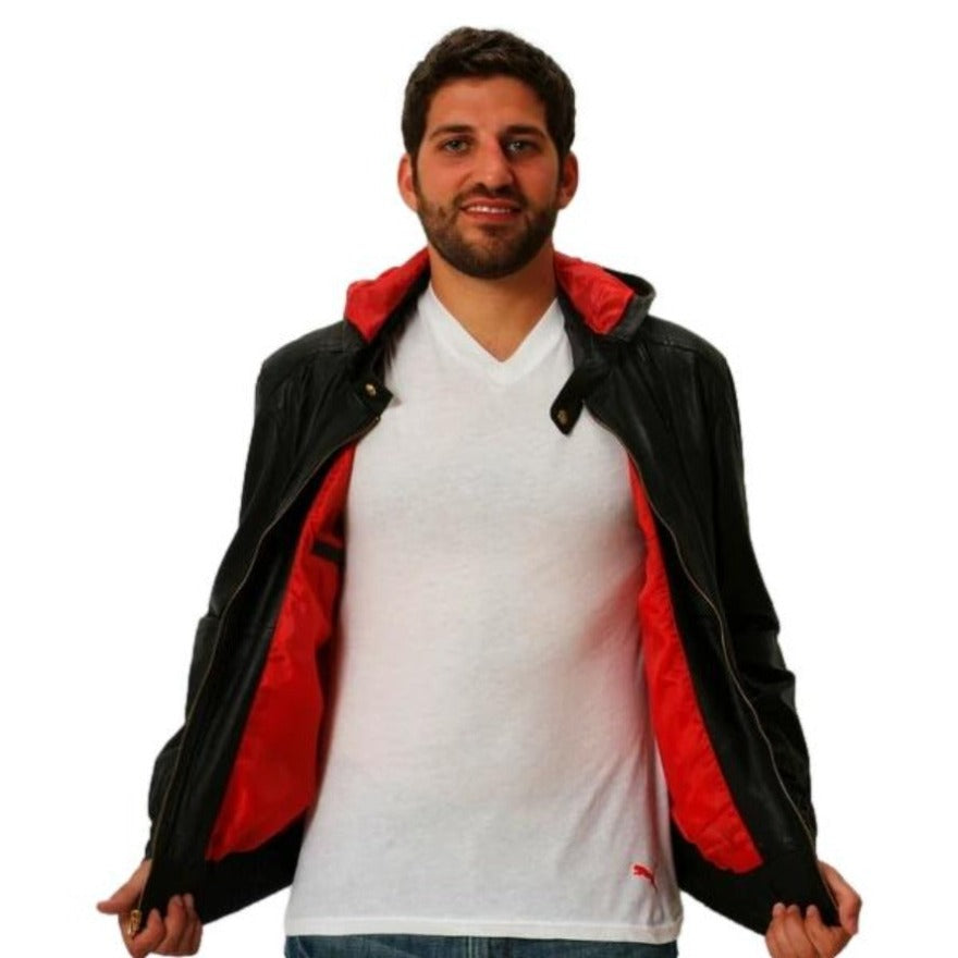 Picture of a model wearing a real Leather Hooded Jacket in Black front  view with zipper open showing red lining.