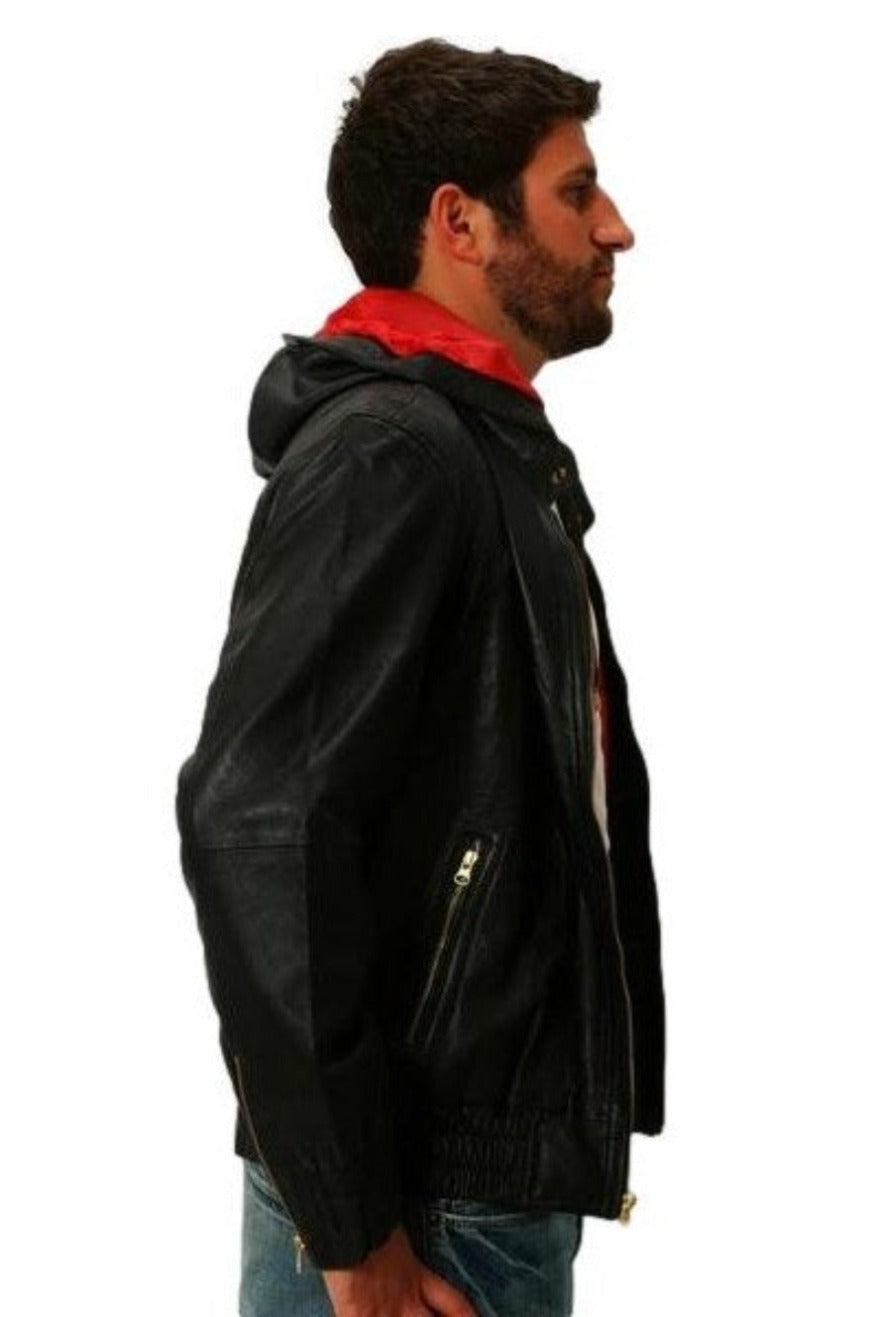 Picture of a model wearing a real Leather Hooded Jacket in Black side view