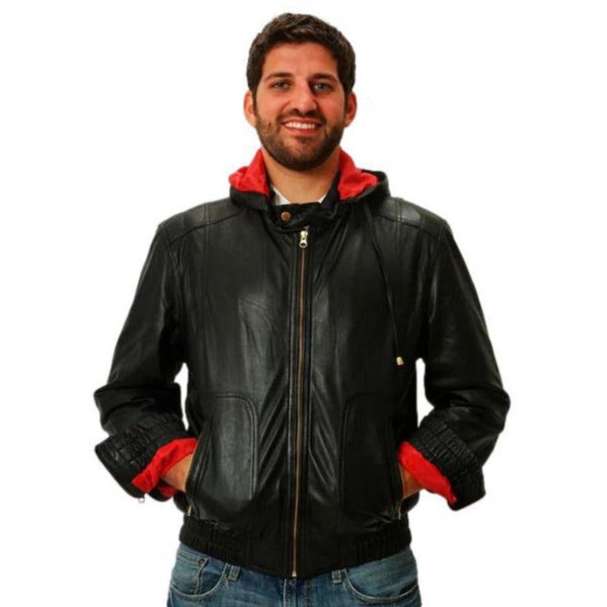 Model wearing a real Leather Hooded Jacket in Black front view