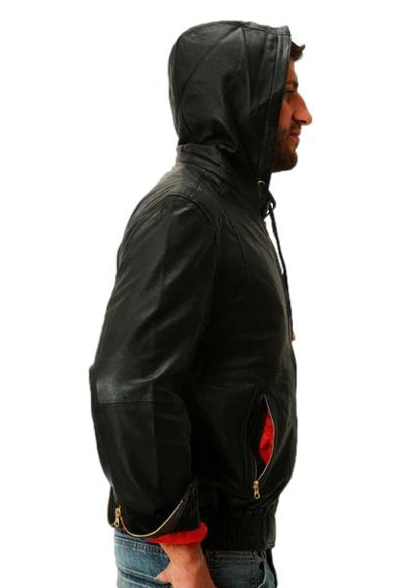 Picture of a model wearing a real Leather Hooded Jacket in Black side view with hood on.