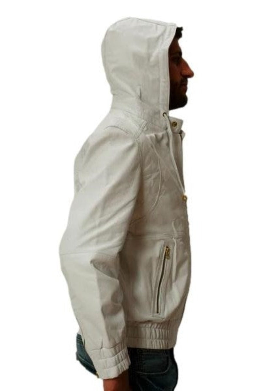 Picture of a Model wearing our Mens White Leather Jacket with Hood side view