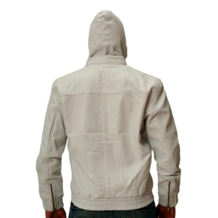 Picture of a Model wearing our Mens White Leather Jacket with Hood back view with hood up