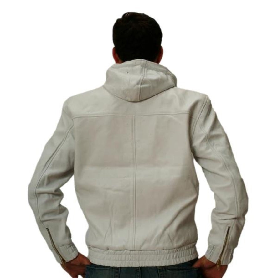 Picture of a Model wearing our Mens White Leather Jacket with Hood back view
