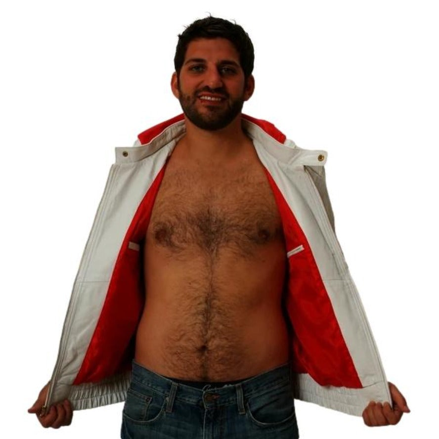 Picture of a Model wearing our Mens White Leather Jacket with Hood front view with zipper open showing red lining.