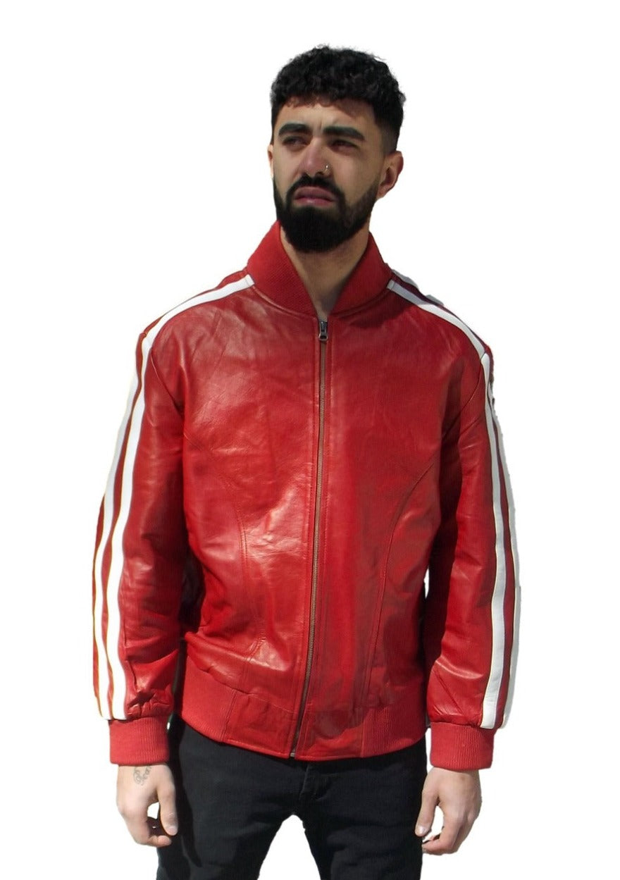 Picture of a model wearing our red leather jacket, front view.