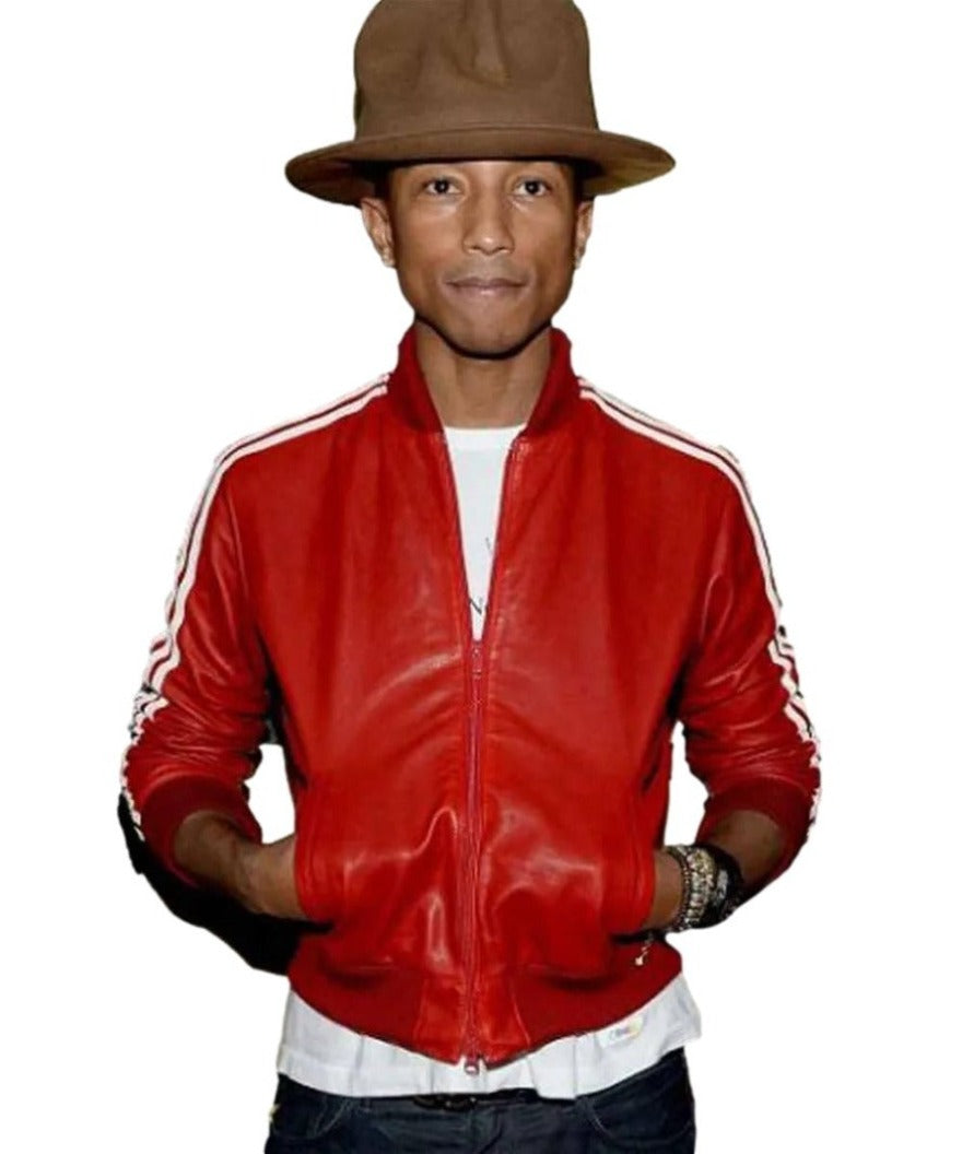 Picture of Pharrel williams wearing an Addidas Mens Red Leather jacket.