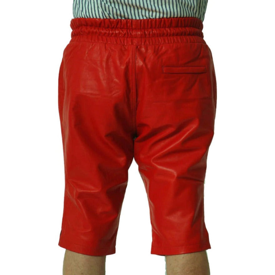 Picture of a model wearing our Mens Red leather shorts, back view