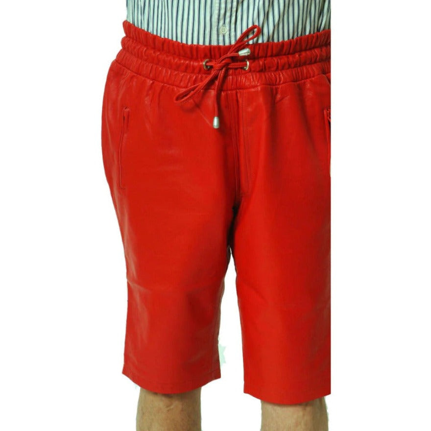 Picture of a model wearing Red leather shorts mens front view