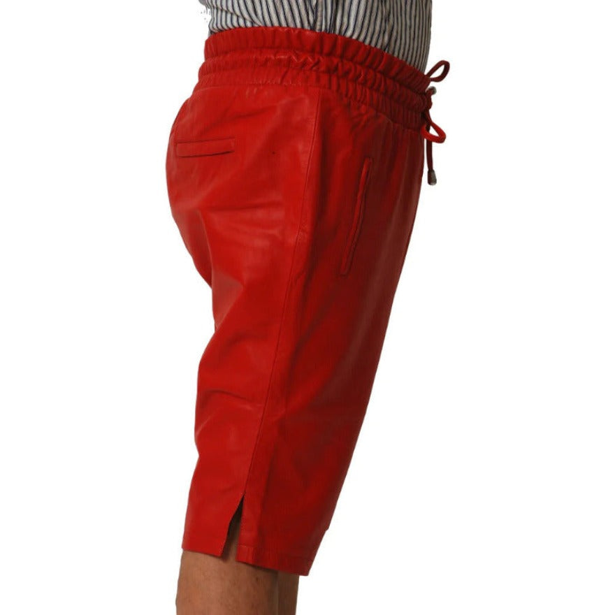 Picture of a model wearing Red leather shorts mens side view