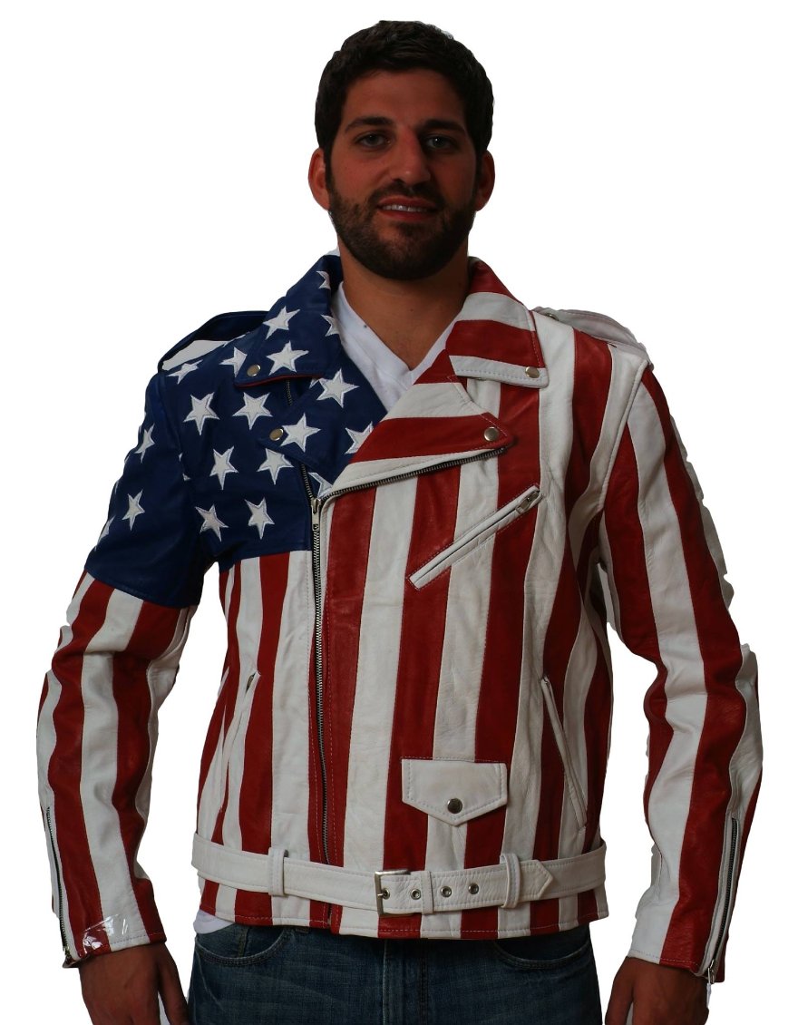 Picture of a model wearing our USA Flag Leather Jacket, Front view.