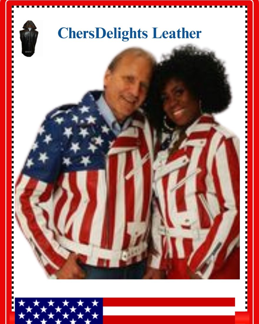 icture of 2 models wearing ou USA Flag Leather jacket with USA flag below them.