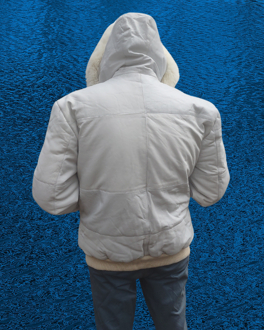 Picture of a model wearing our White Max Julian Leather Jacket, back view with hood up.