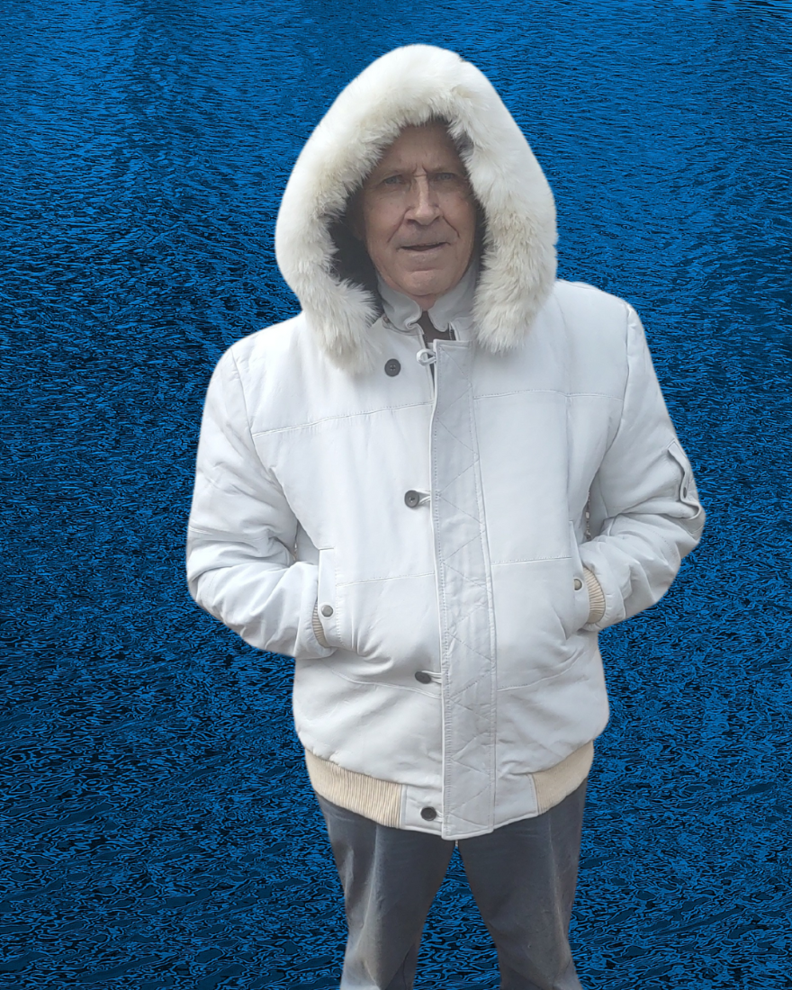 Picture of a model wearing our White Max Julian Leather Jacket, front view with hood up.
