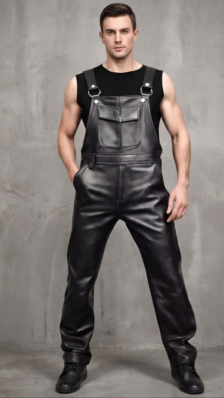 Man wearing black leather overalls against a gray concrete wall