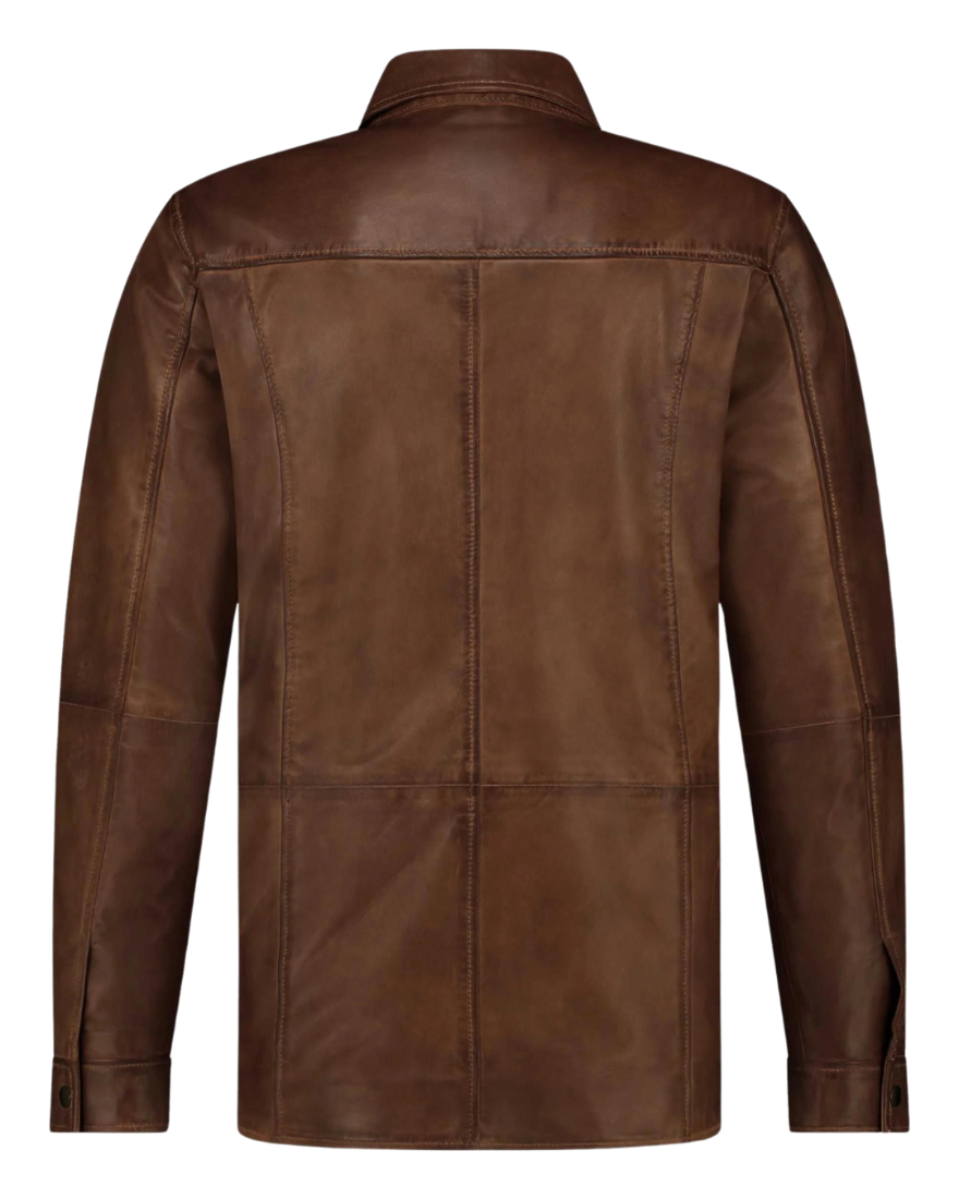 Picture of our Mens Brown Leather Shirt on a mannequin, back view