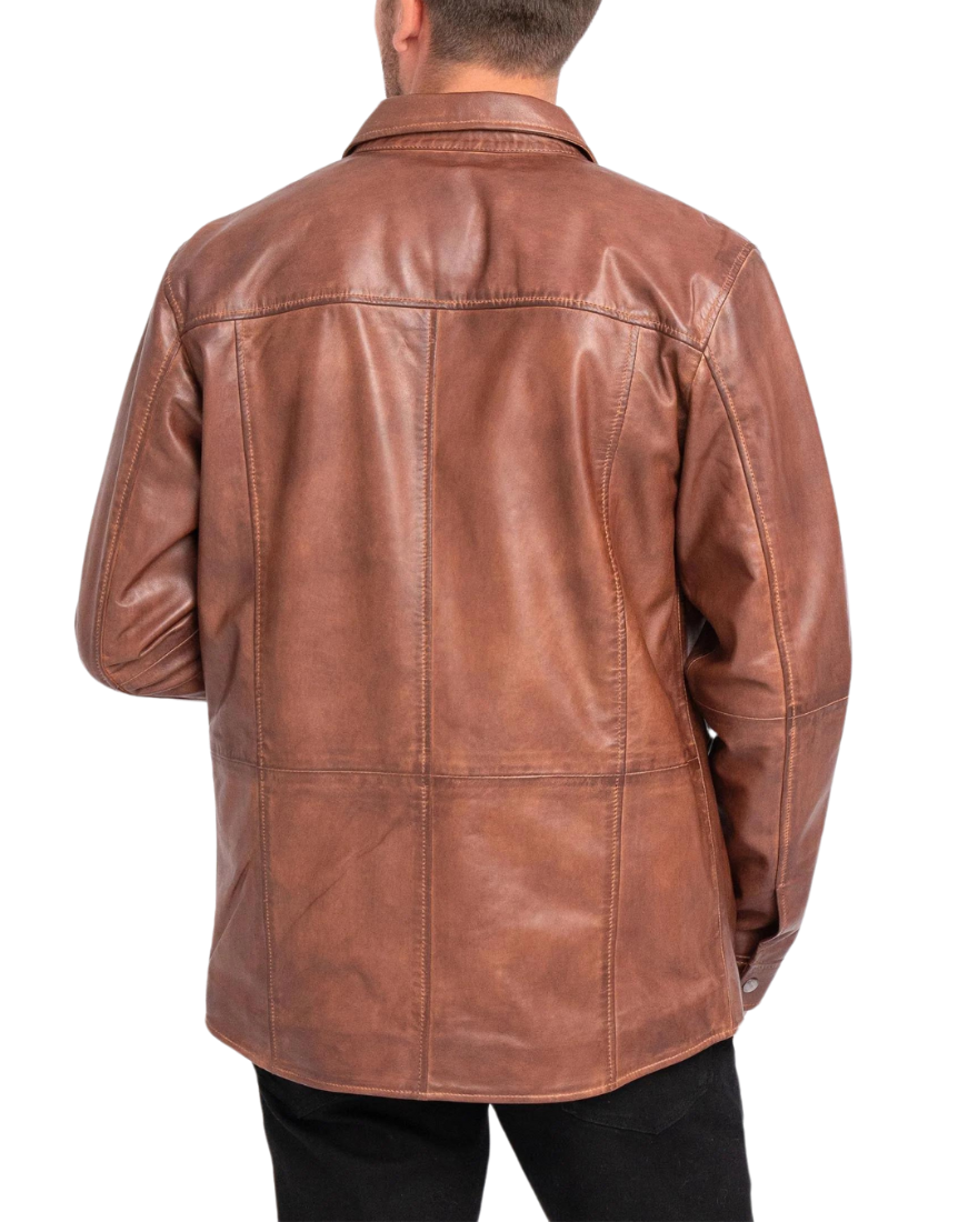 Picture of a model wearing our Mens Brown Leather Shirt , back view