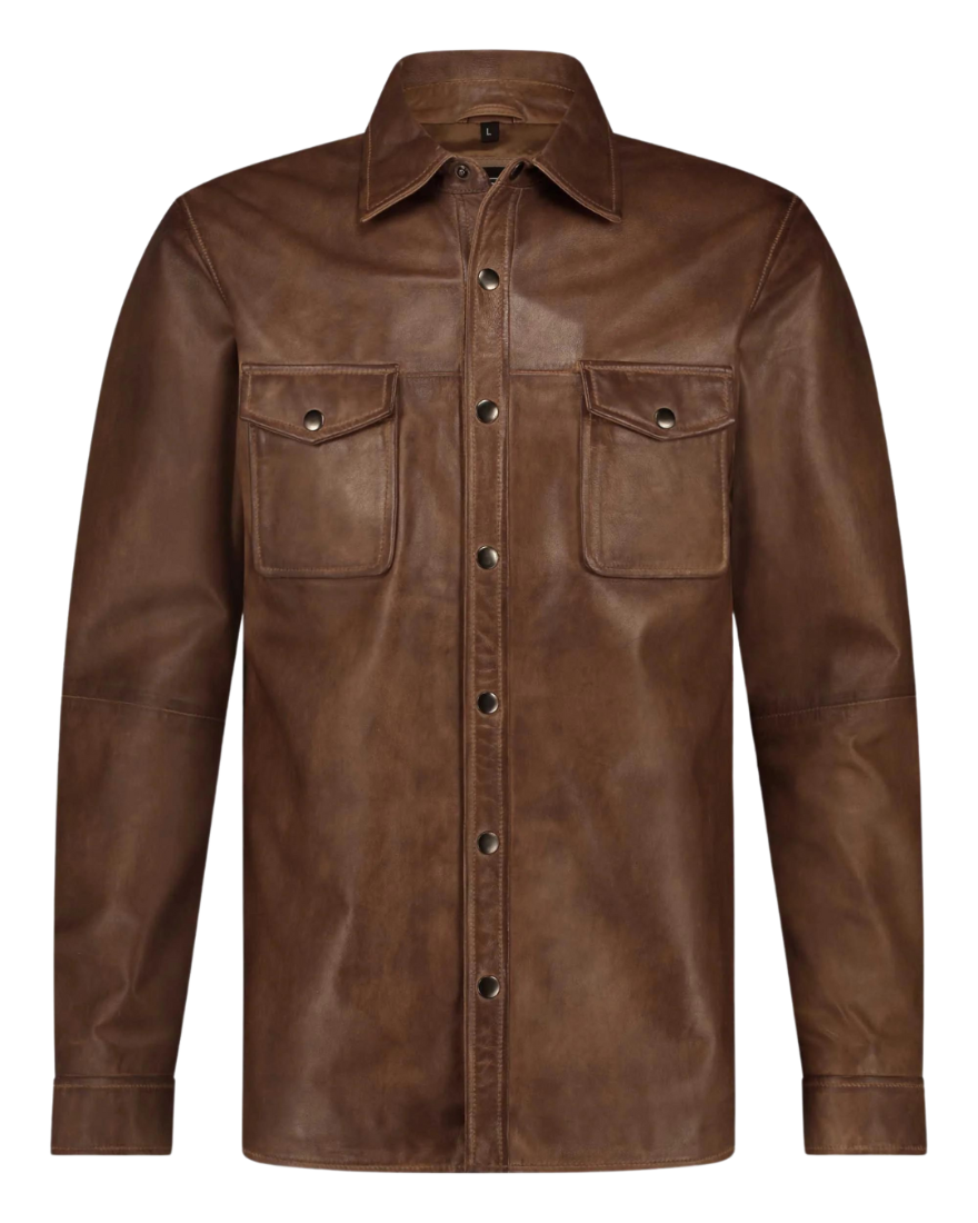 Picture of our Mens Brown Leather Shirt on a mannequin, front view