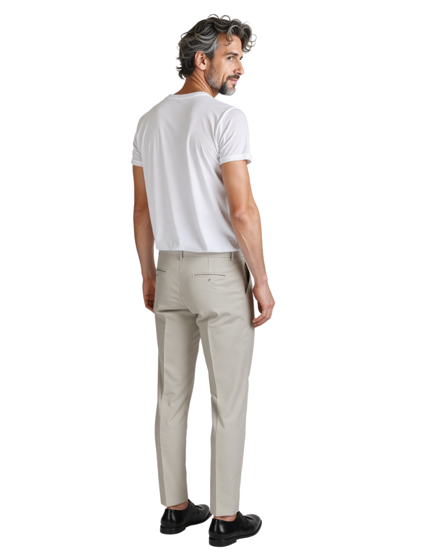 Picture of a model wearing our Beige Leather Pants, Back view