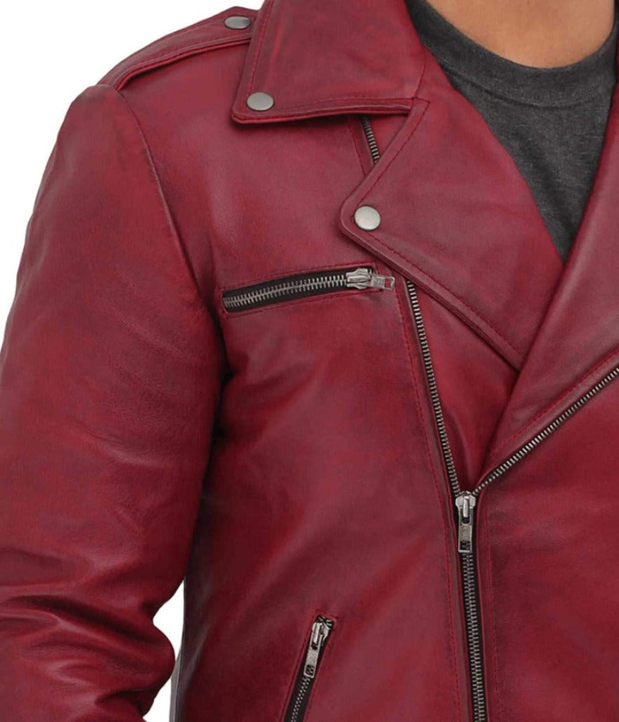 Picture of a male model wearing our Maroon Leather Moto Jacket, front view, close up.