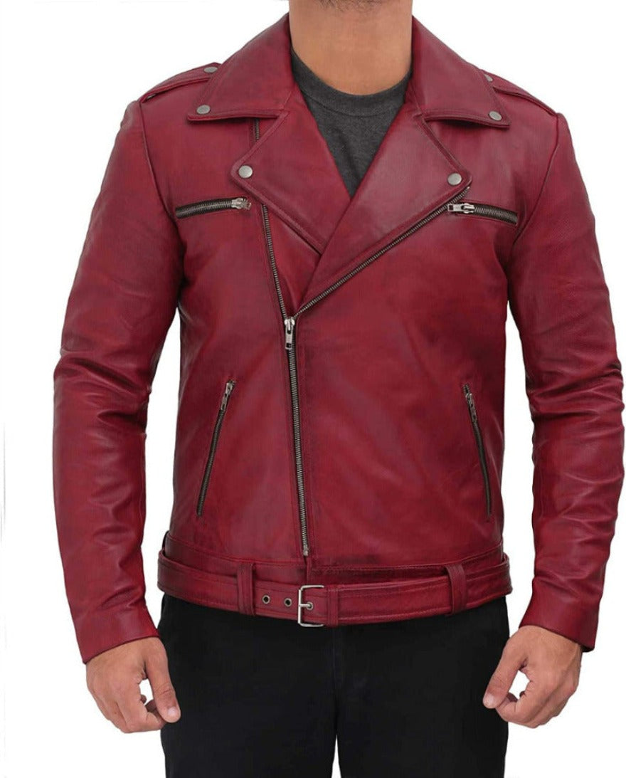 Picture of a male model wearing our Maroon Leather Moto Jacket, front view