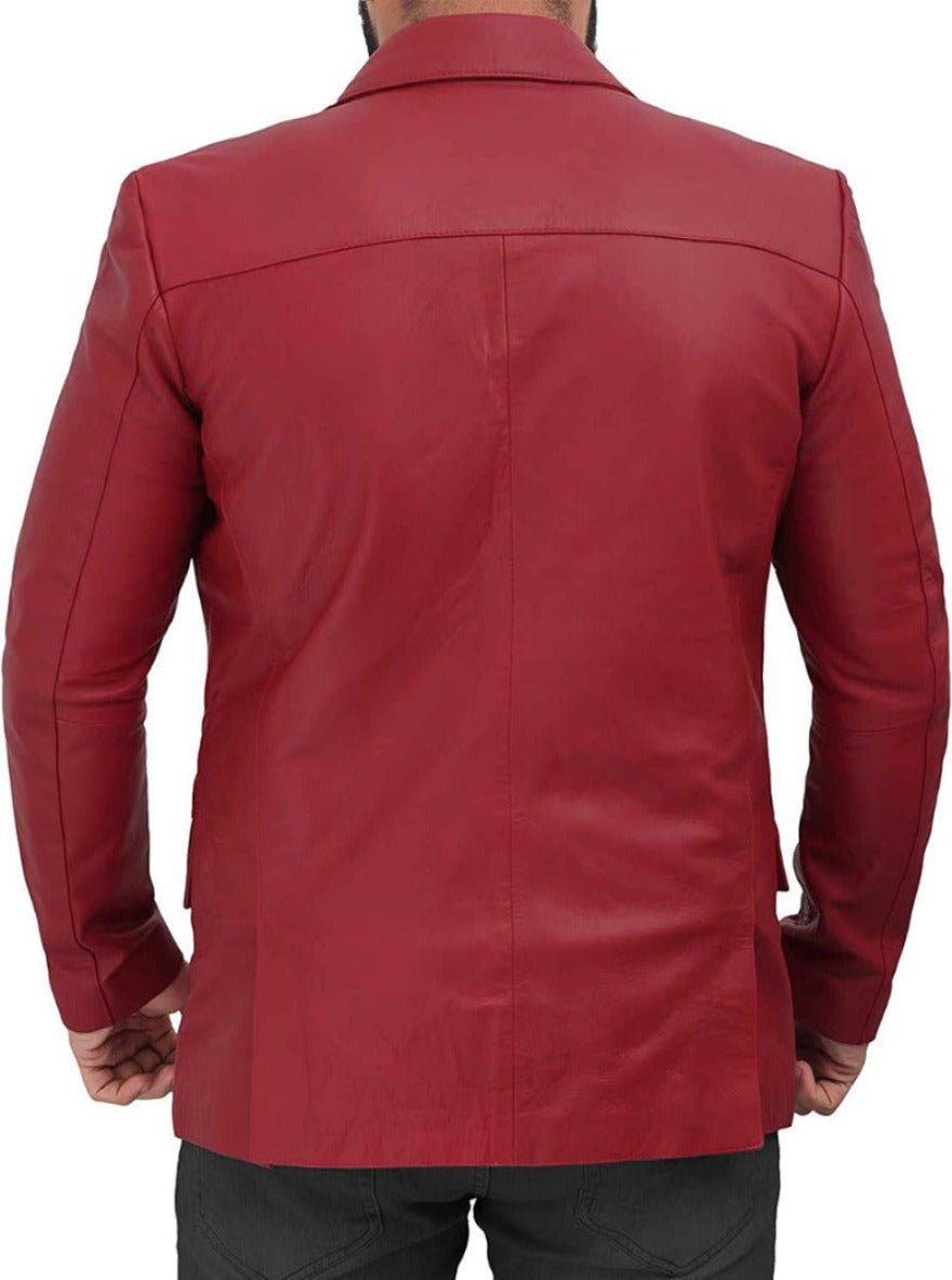 Picture of a model wearing our Maroon leather blazer back view  