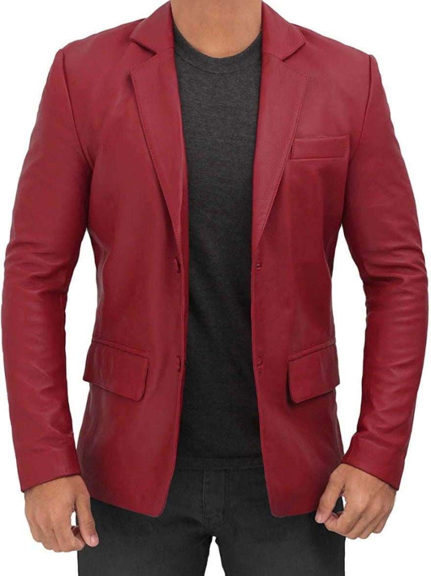 Picture of a model wearing our Maroon leather blazer front view  