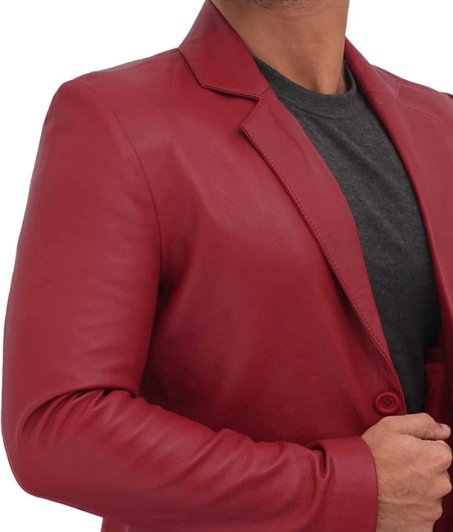 Picture of a model wearing our Maroon leather blazer side view  