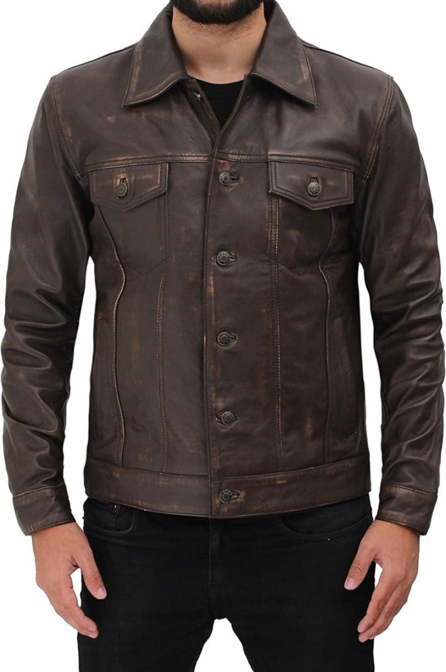 Picture of a model wearing our Mens Brown Leather Trucker Jacket, Dk Brown rub off color, front view, buttoned..