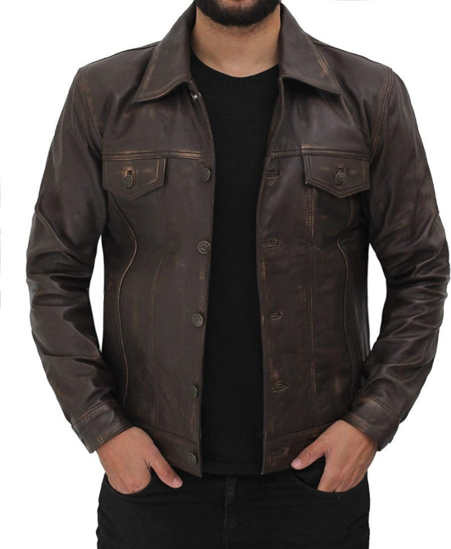 Picture of a model wearing our Mens Brown Leather Trucker Jacket, Dk Brown rub off color, front view.