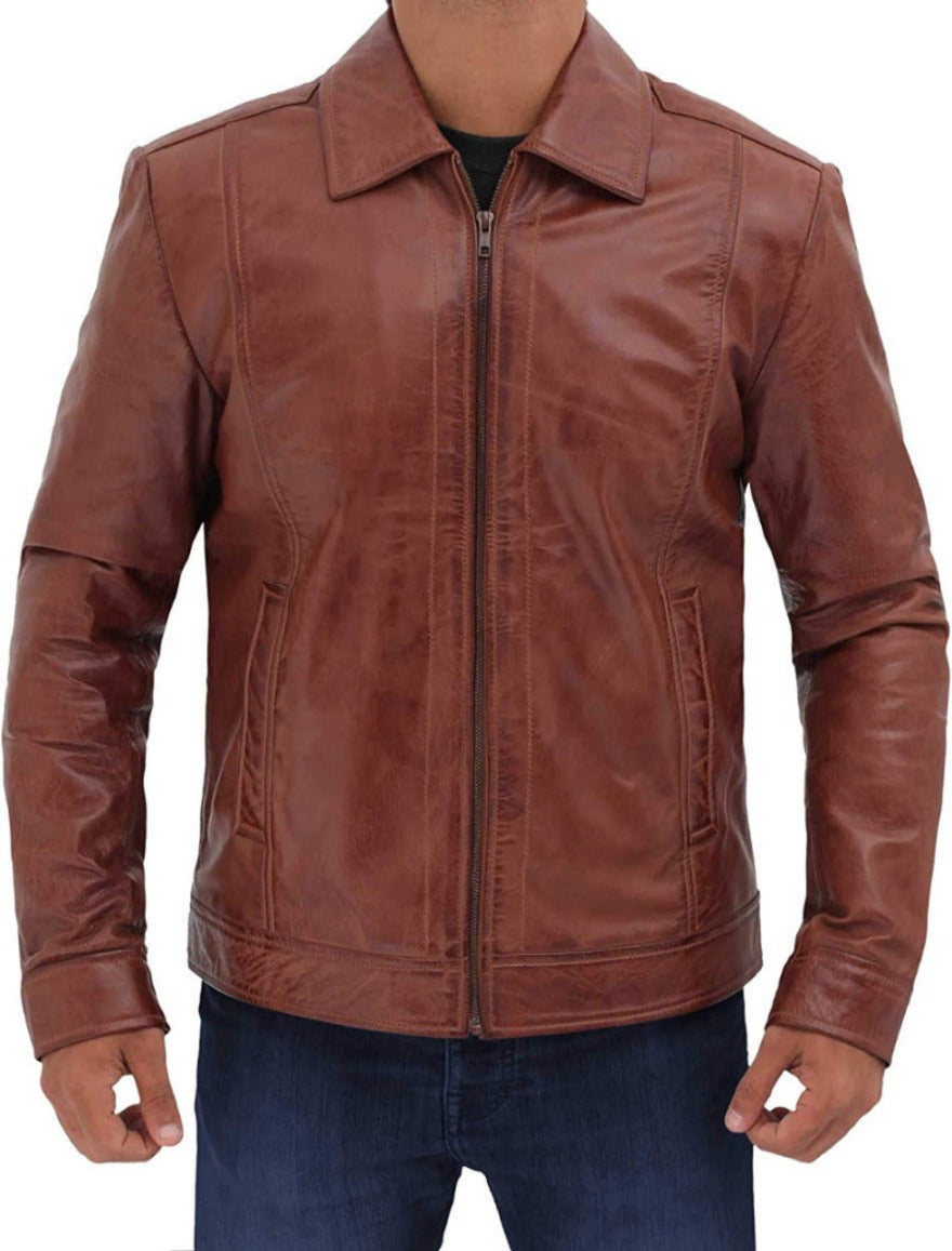 Picture of a model wearing our Brown Leather Zip up Jacket front view with zipper closed