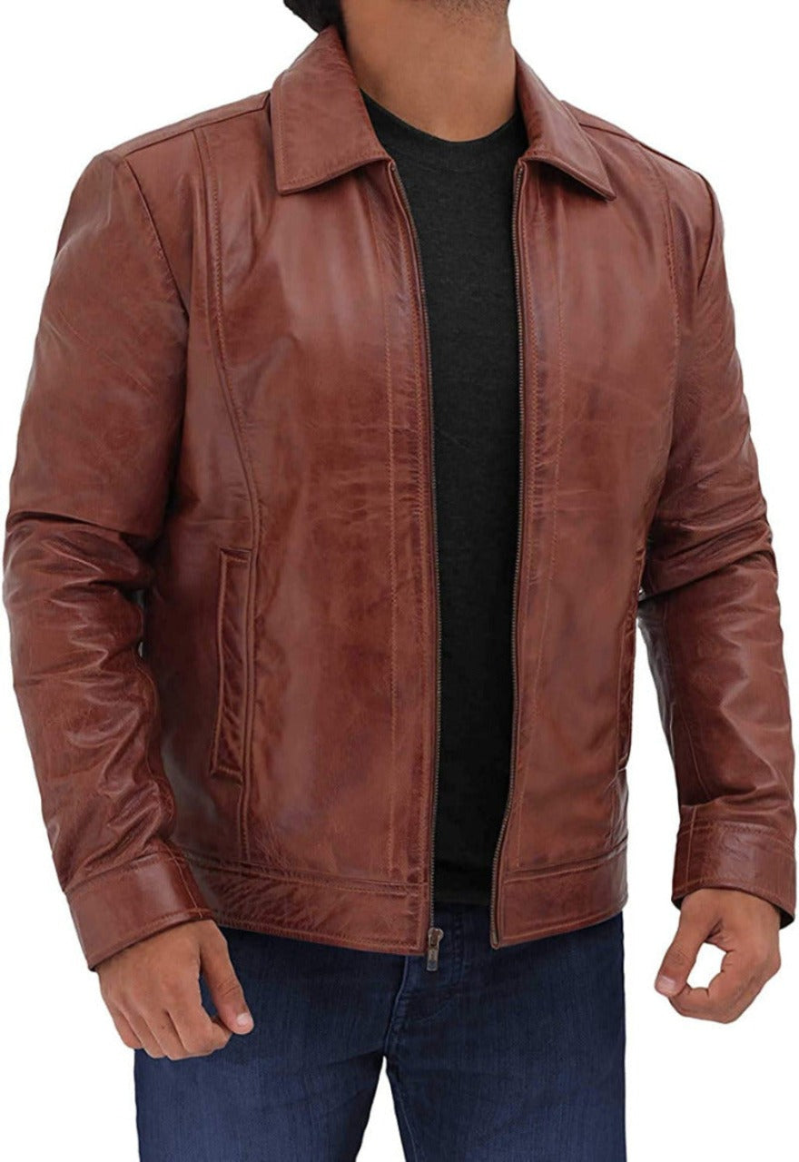 Picture of a model wearing our Brown Leather Zip up Jacket front view with zipper open