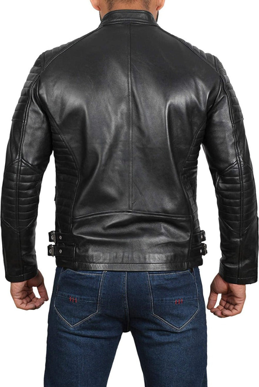Picture of a model wearing our Mens Black Leather Moto Jacket, back  view 