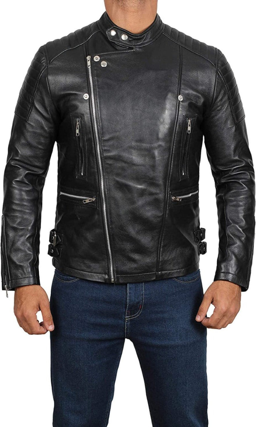 Picture of a model wearing our Mens Black Leather Moto Jacket, front view with zipper closed all the way up.