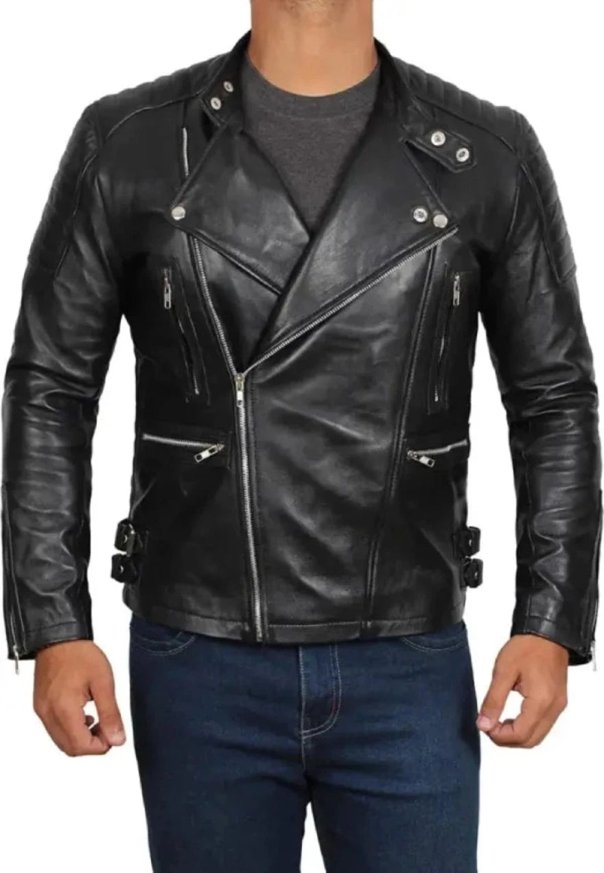 Picture of a model wearing our Mens Black Leather Moto Jacket, front view.