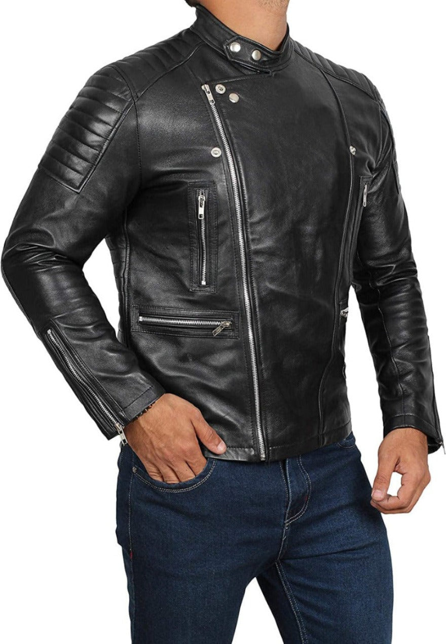 Picture of a model wearing our Mens Black Leather Moto Jacket, side view 