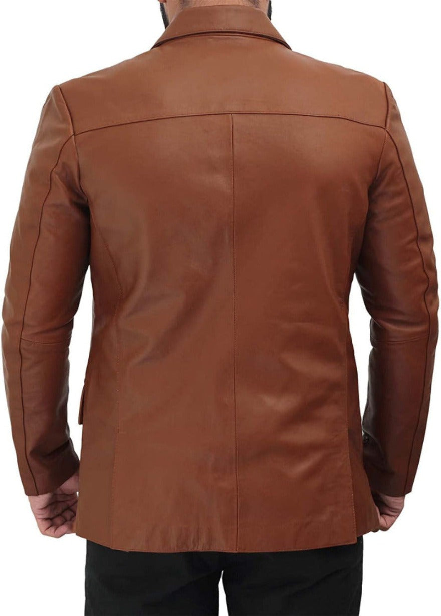 Picture of a model wearing our Brown Leather Blazer, back view