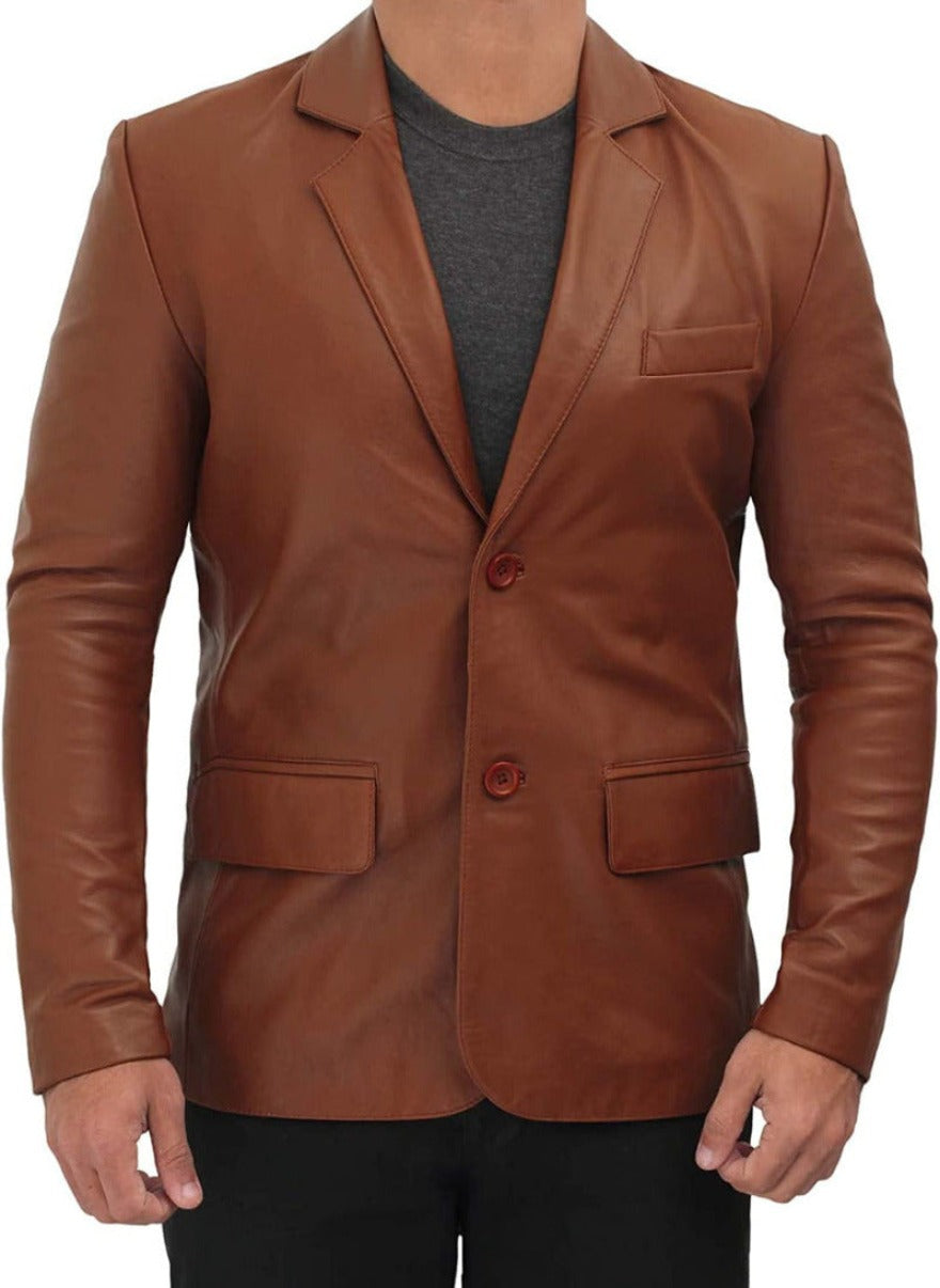 Picture of a model wearing our Brown Leather Blazer Mens, front view with buttons closed.