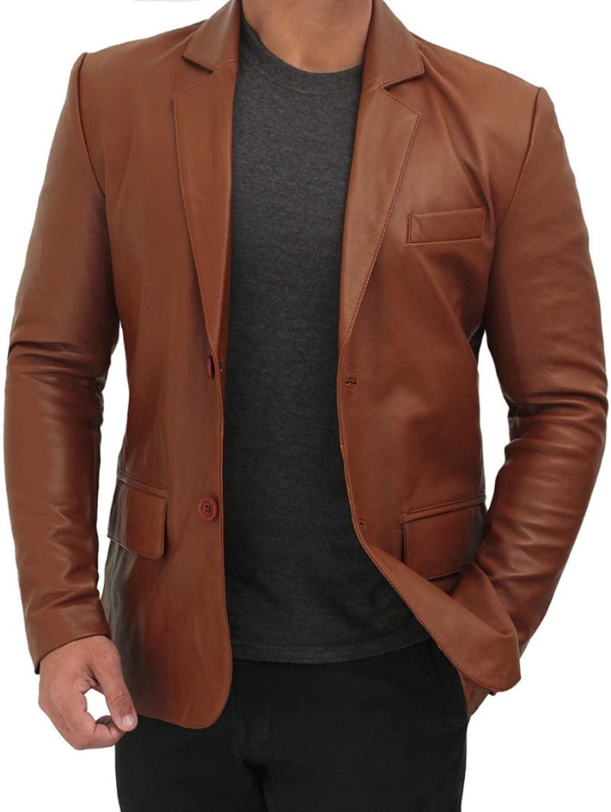 Picture of a model wearing our Brown Leather Blazer Mens,  front view