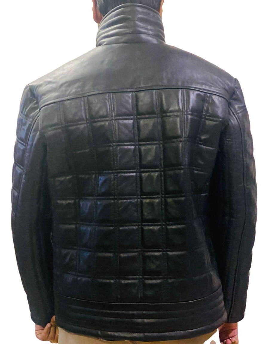 Picture of a model wearing our Mens Quilted Black Leather Jacket stitched in a square pattern, back view.