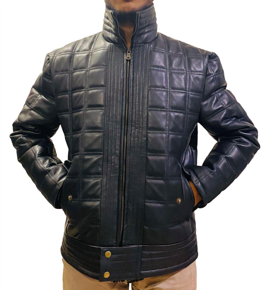 Picture of a model wearing our Mens Quilted Black Leather Jacket stitched in a square pattern, front view.