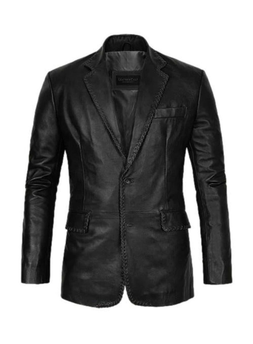 Picture of our Mens Black Leather Blazer, front view.