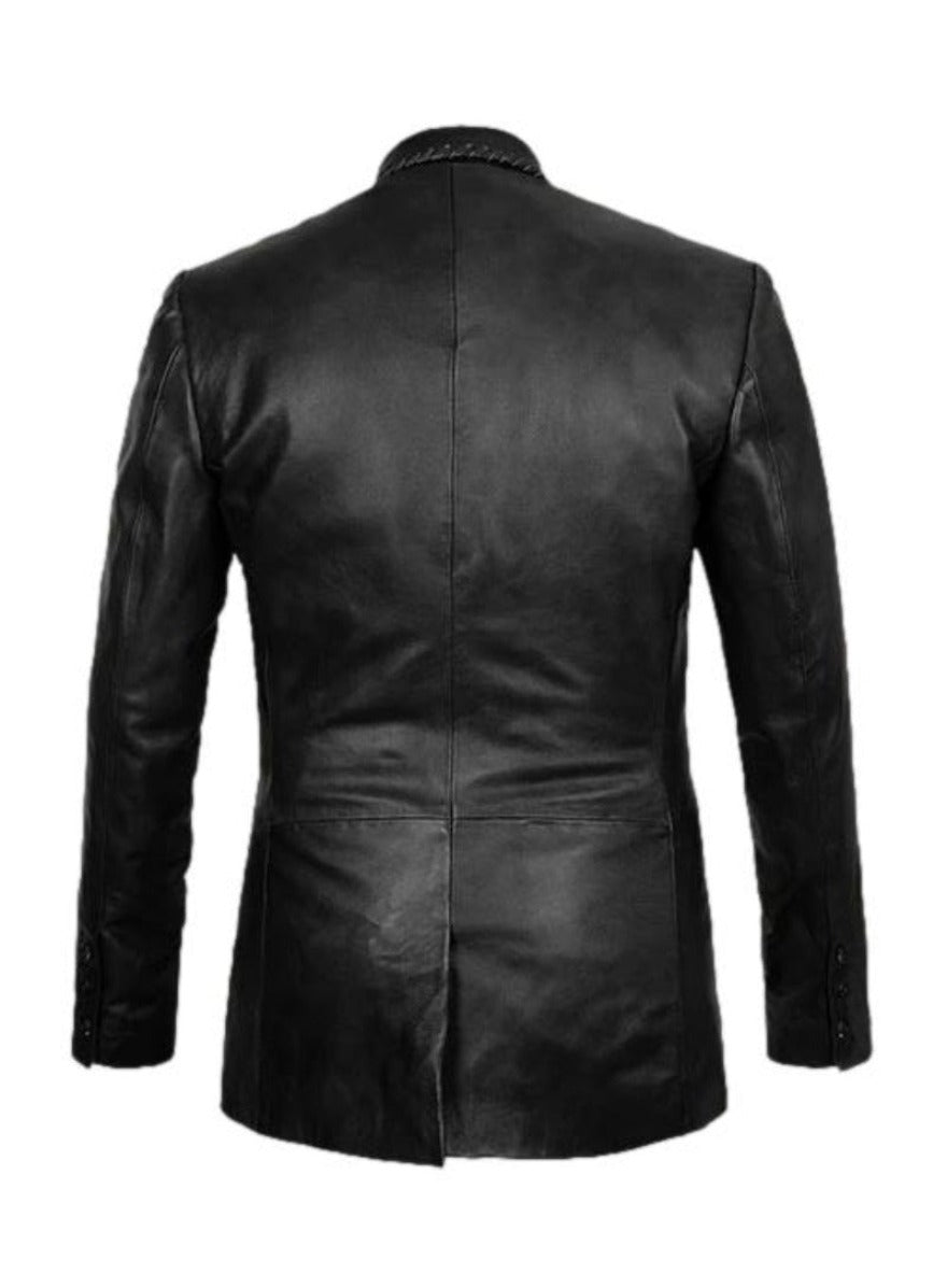 Picture of our Mens Black Leather Blazer, back view.