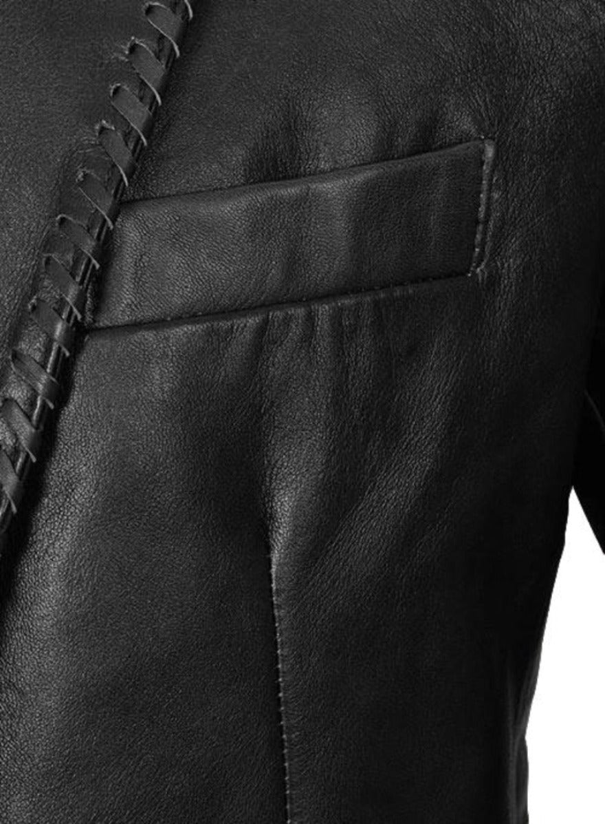 Picture of our Mens Black Leather Blazer, close up view of the front packet.